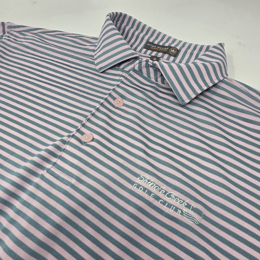 Peter Millar Summer Comfort Medium M Men's Pink Blue Stripe Polo Shirt Golf